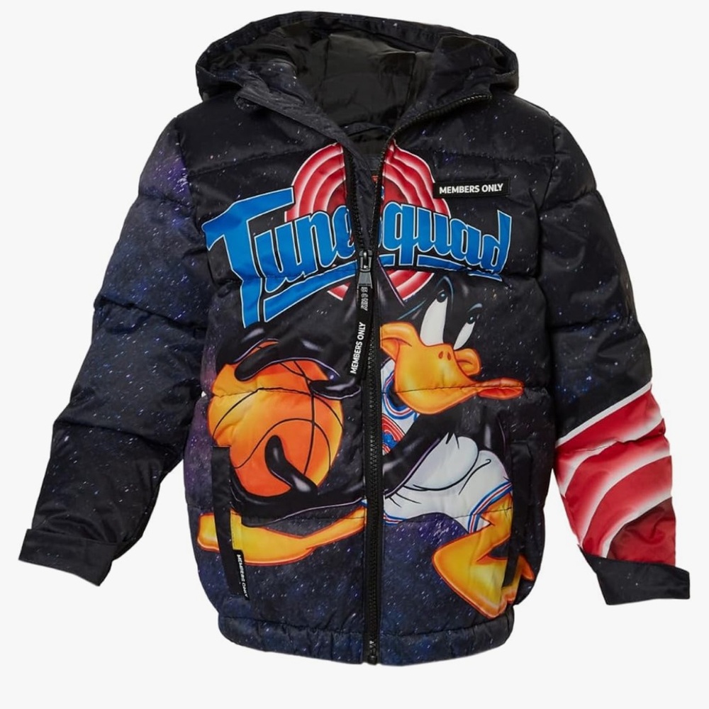 Members Only Space Jam Looney Tunes Jacket Zip Up Lightweight Hooded Puffer 4‎